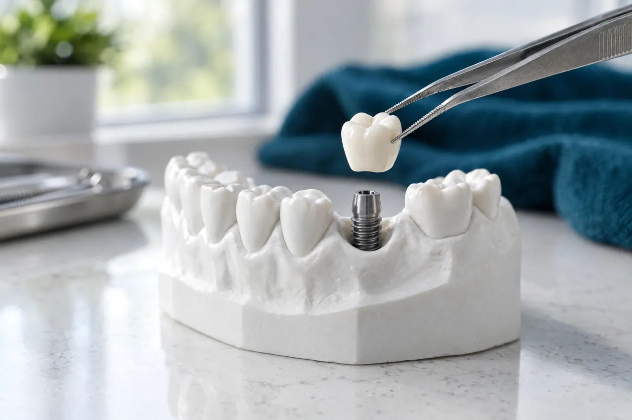 A zirconia crown held in tweezers above a model of a lower jaw with a titanium implant post