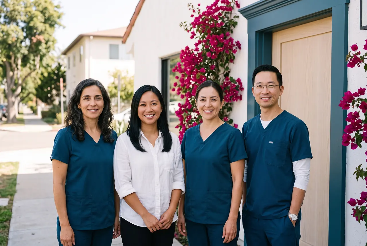 Dr. Marisa Freitas, Maya Bautista, Rosa Delgado and Dr. Kevin Tran in front of the office door with bougainvillea