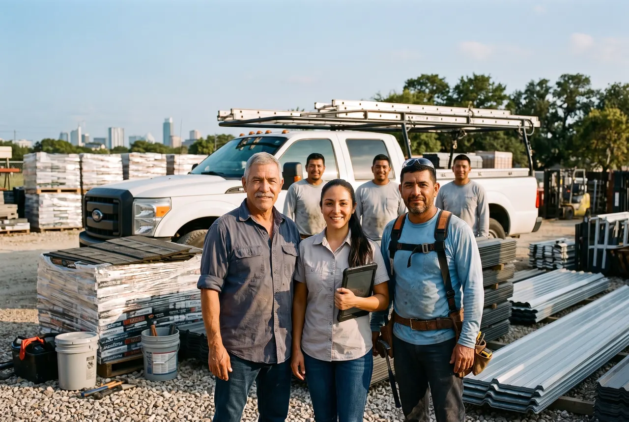 The Shoal Creek Roofing team in front of a white work truck in the company yard, Austin skyline behind