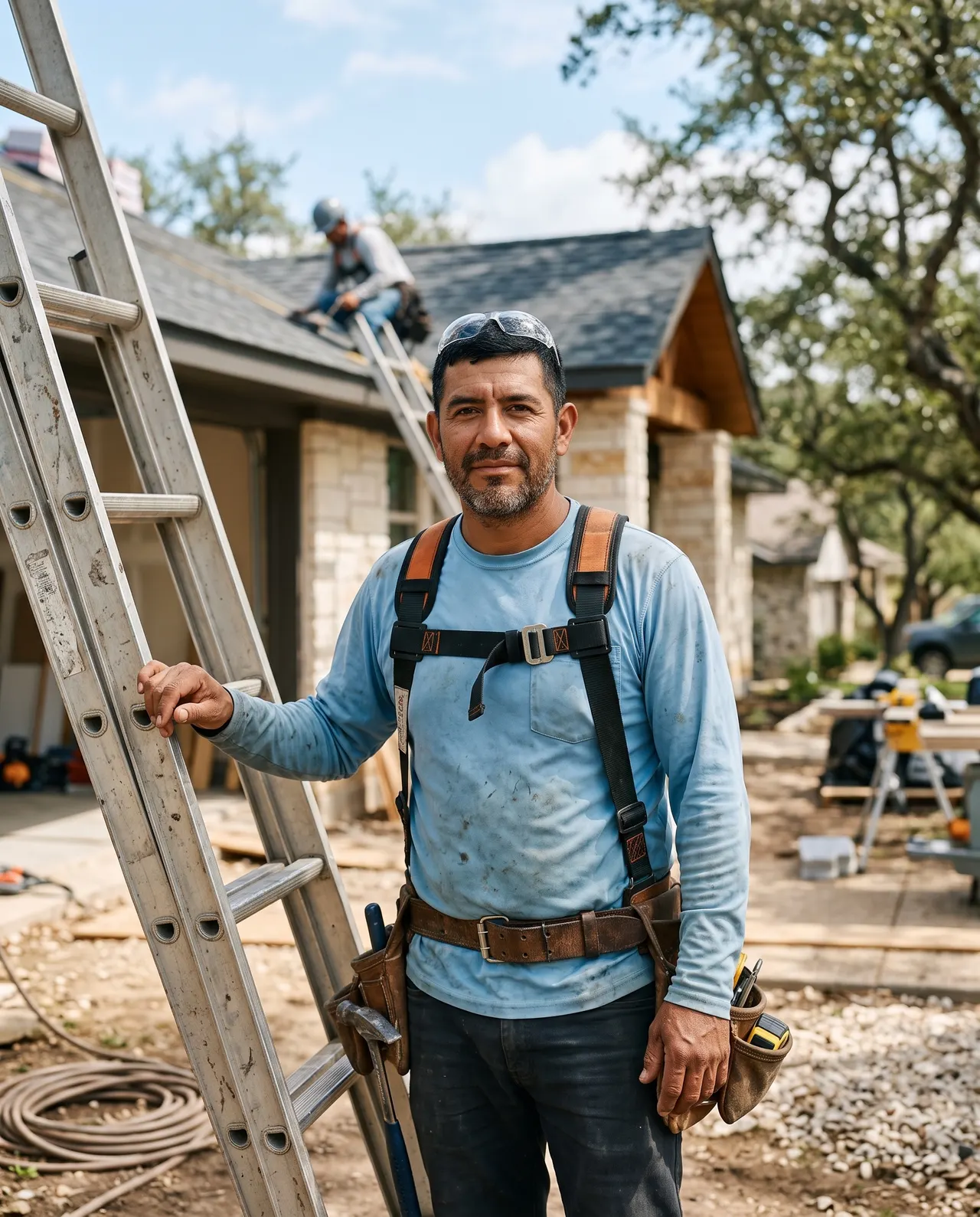 Tomás Reyes, crew foreman, in his harness next to a ladder on a job site